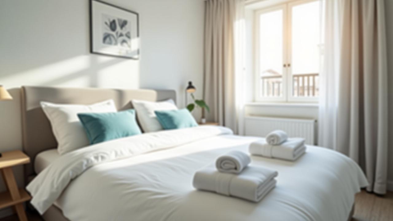 Immaculately made bed in a stylish, well-maintained vacation rental bedroom, ready for a new guest.