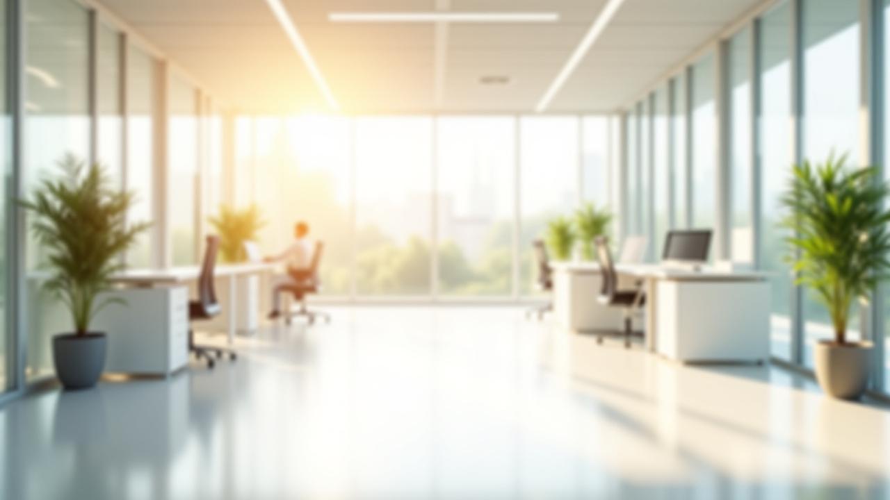 Modern, pristine office space with sunlight streaming in, conveying professionalism and cleanliness