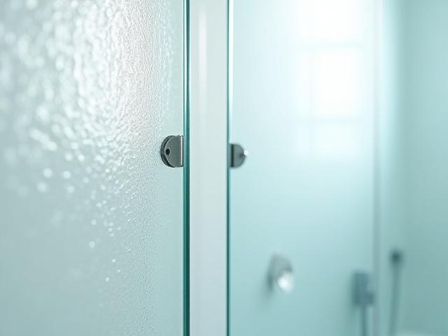 Before and after of a shower screen with heavy limescale buildup turning crystal clear