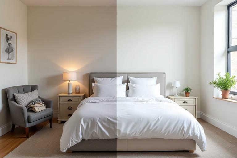 Before and after showing a messy Padiham apartment bedroom transformed into a pristine, clear space