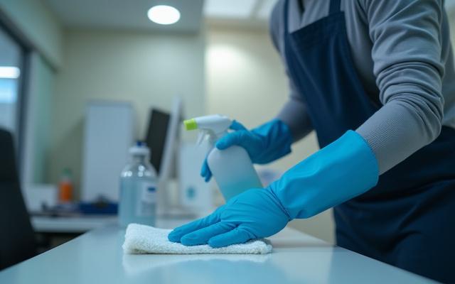 Professional cleaner discreetly sanitizing a medical office with a hospital-grade disinfectant spray while wearing gloves and a uniform, subtly, after hours.