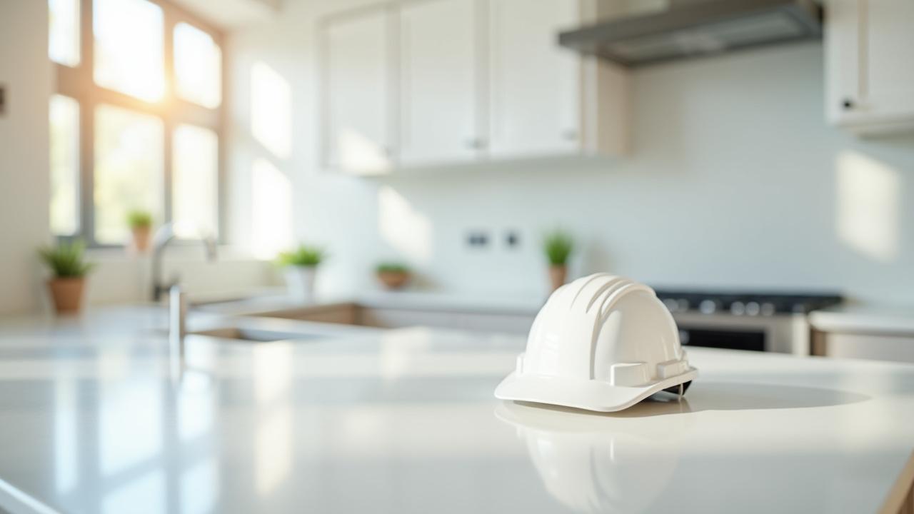 Sparkling clean newly renovated kitchen with modern appliances, a hard hat sits artfully on the counter, conveying the completion of a construction project.
